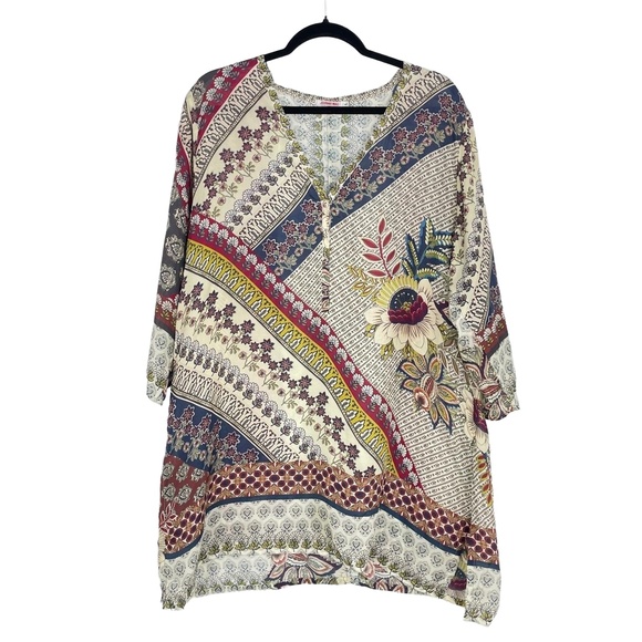 Johnny Was Tops - Johnny Was Women's Multi Bohemian Floral Patchwork V-Neck Silk Tunic Top Size L